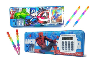 Dual side pencil box with calculator