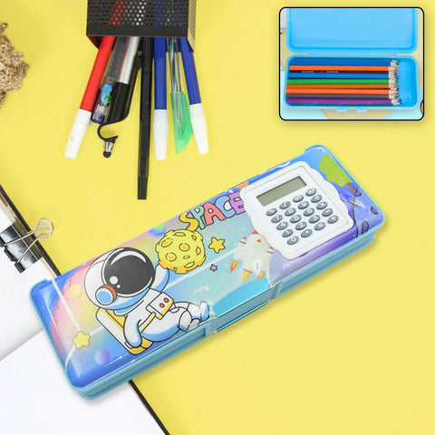 Dual side pencil box with calculator